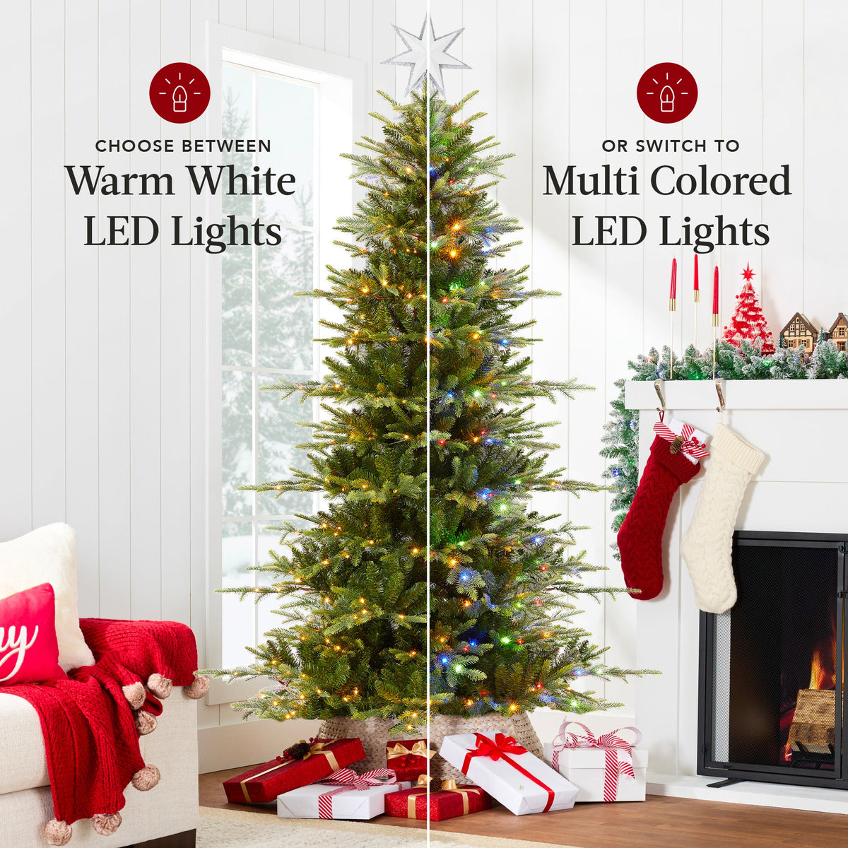 Pre-Lit Artificial Aspen Slim Noble Fir Christmas Tree with Stand product image showing its overall design and key.