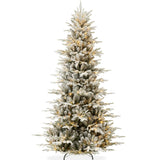 Pre-Lit Flocked Aspen Noble Fir Christmas Tree with Metal Stand product image showing its overall design and key.