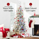 Pre-Lit Flocked Aspen Noble Fir Christmas Tree with Metal Stand product image showing its overall design and key.