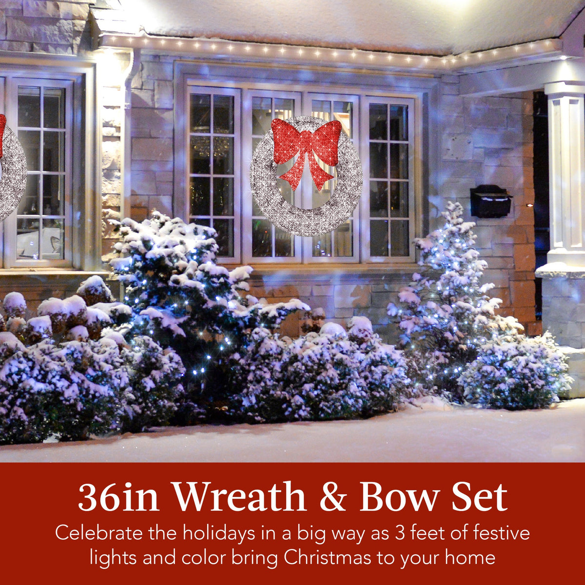 Pre-lit outdoor Christmas wreath with glowing LED lights and a festive bow on front door
