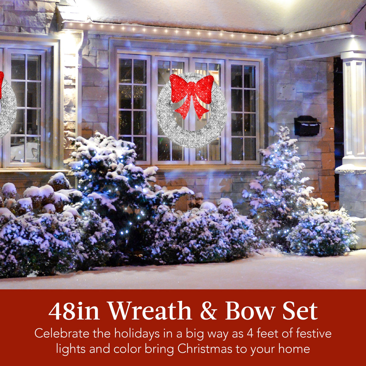 48-Inch Pre-Lit Outdoor Christmas Wreath with LED Lights & Decorative Bow