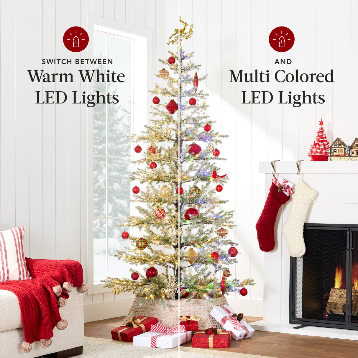 Green Pre Lit Sparse Flocked Christmas Tree with 2 in 1 LED Lights Cordless Connection