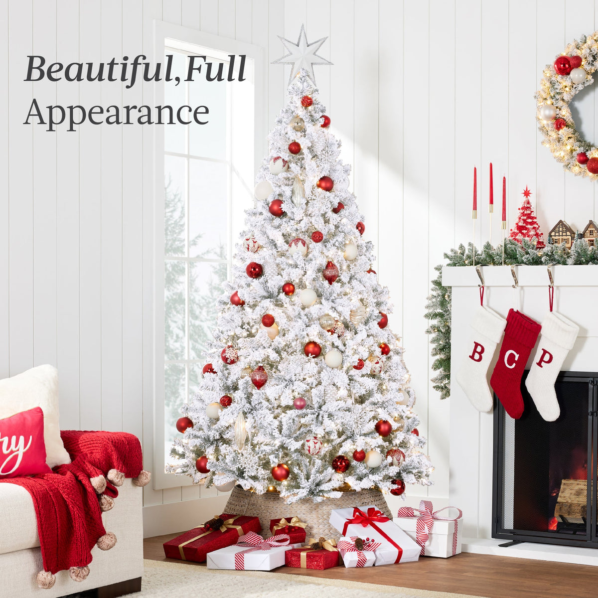 Pre-Lit Snow Flocked Artificial Pine Christmas Tree with Lights product image showing its overall design and key.