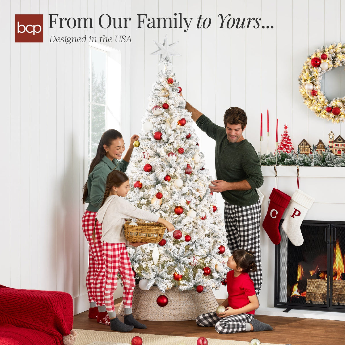 Pre-Lit Snow Flocked Artificial Pine Christmas Tree with Lights product image showing its overall design and key.