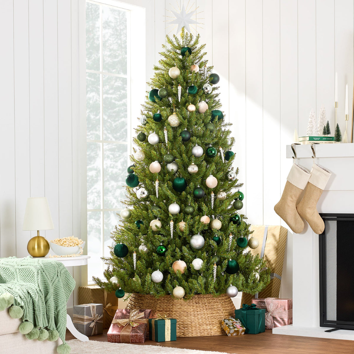 Artificial Hinged Nordic Fir Christmas Tree with Foldable Stand product image showing its overall design and key.