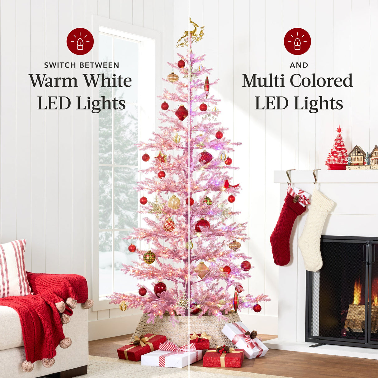 Pink Pre Lit Flocked Christmas Tree with 2 in 1 LEDs