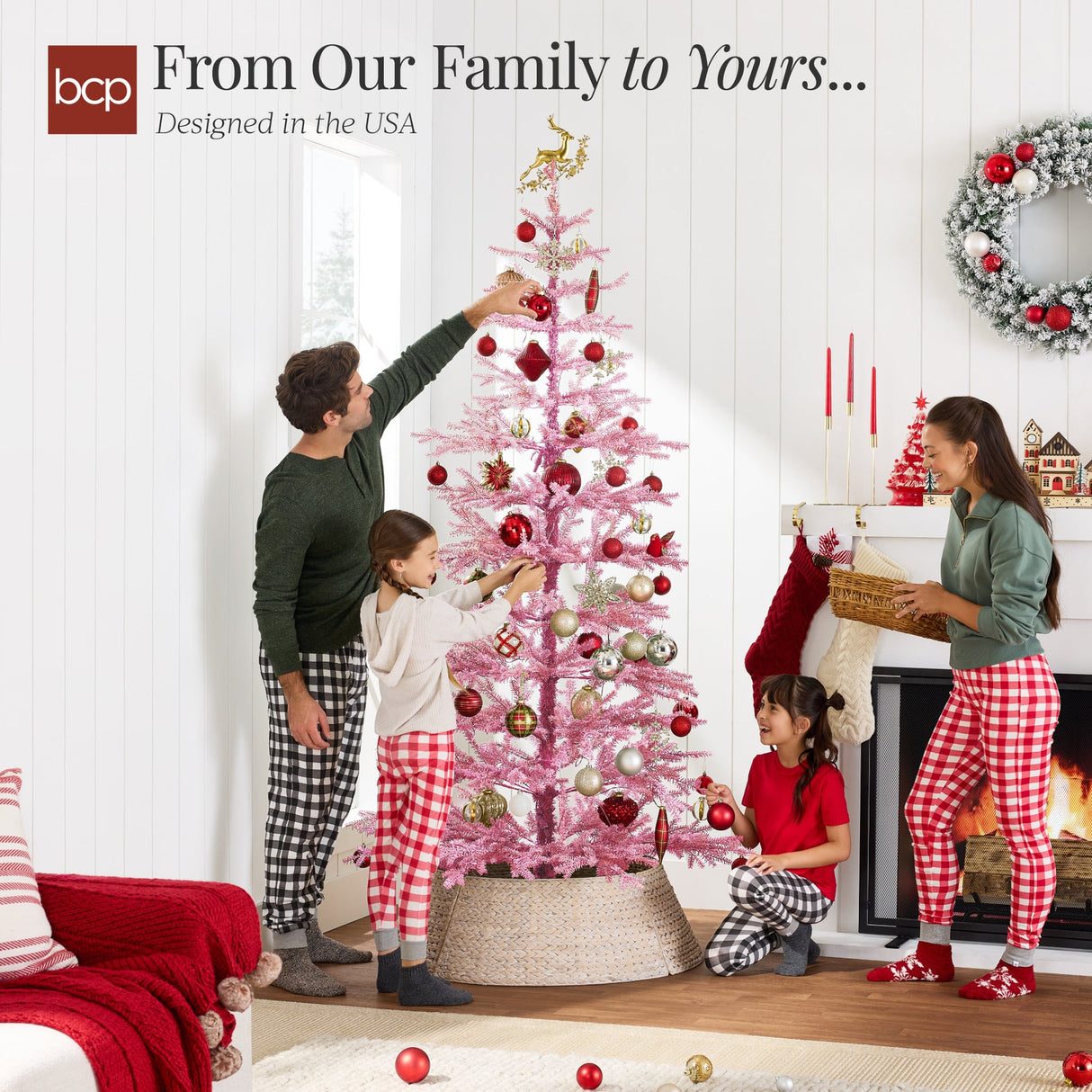 Pink Pre Lit Flocked Christmas Tree with 2 in 1 LEDs