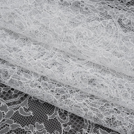 French Chantilly Lace with Scalloped Edges by Solstiss - White Delicate Floral