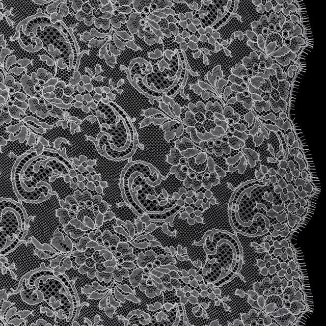 French Chantilly Lace with Scalloped Edges by Solstiss - White Delicate Floral