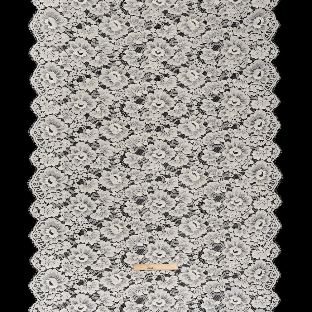 French Mercerized Cotton Leavers Lace with Finished Scalloped Edges by Solstiss - Greige Bold Florals