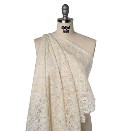 French Mercerized Cotton Leavers Lace with Finished Scalloped Edges by Solstiss - Greige Bold Florals