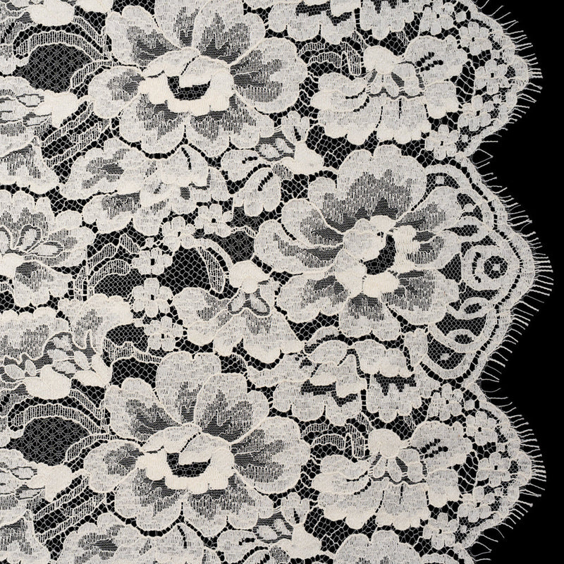 French Mercerized Cotton Leavers Lace with Finished Scalloped Edges by Solstiss - Greige Bold Florals