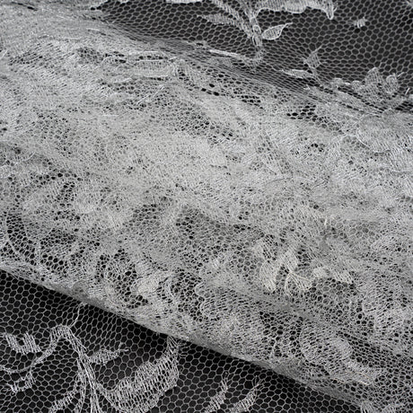 French Metallic Chantilly Lace with Finished Scalloped Edges by Solstiss - Metallic Silver and Greige Flowers