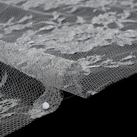 French Metallic Chantilly Lace with Finished Scalloped Edges by Solstiss - Metallic Silver and Greige Flowers