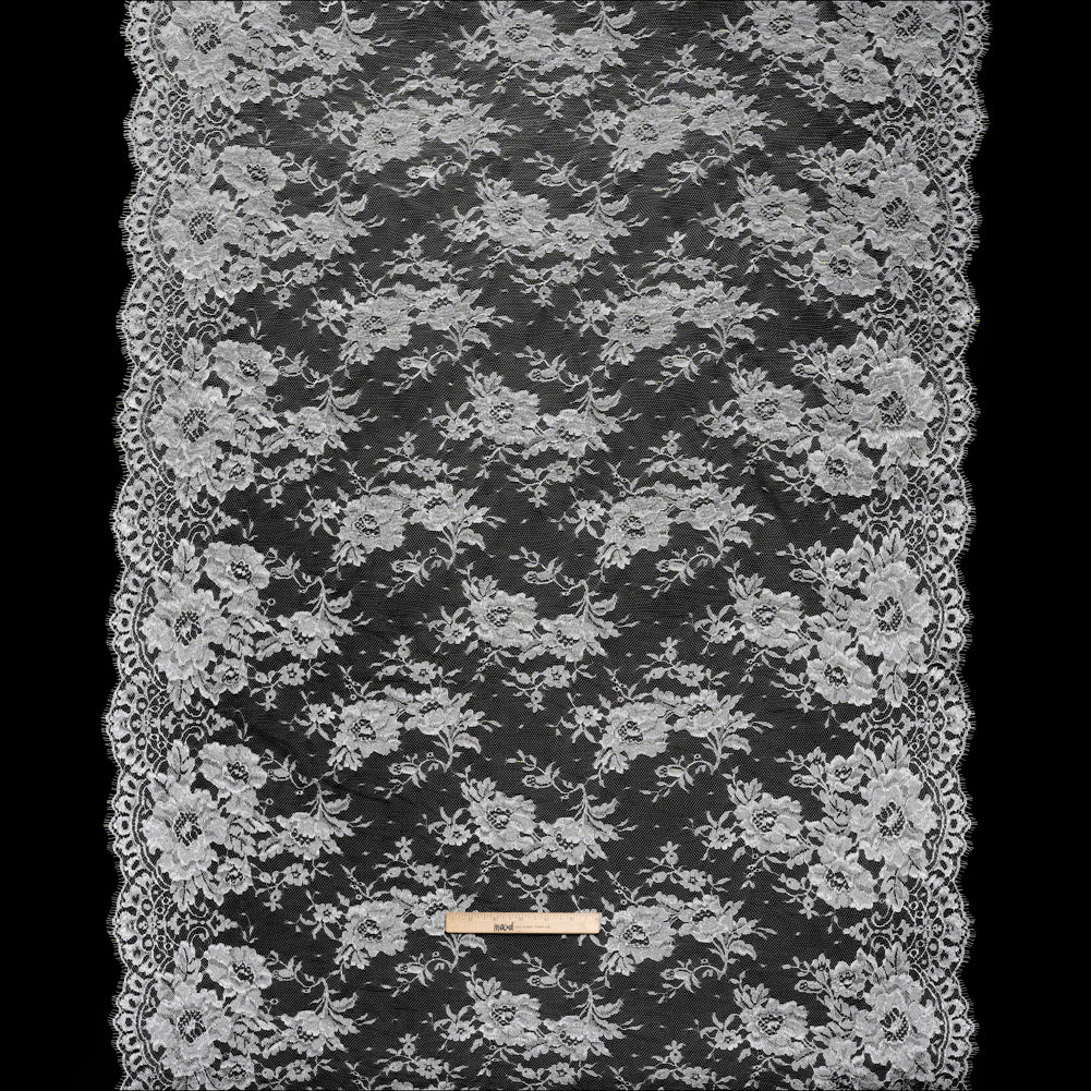 French Metallic Chantilly Lace with Finished Scalloped Edges by Solstiss - Metallic Silver and Greige Flowers