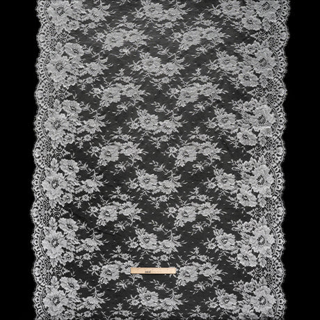 French Metallic Chantilly Lace with Finished Scalloped Edges by Solstiss - Metallic Silver and Greige Flowers