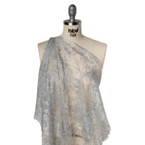 French Metallic Chantilly Lace with Finished Scalloped Edges by Solstiss - Metallic Silver and Greige Flowers