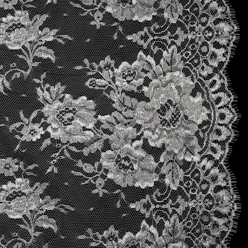 French Metallic Chantilly Lace with Finished Scalloped Edges by Solstiss - Metallic Silver and Greige Flowers