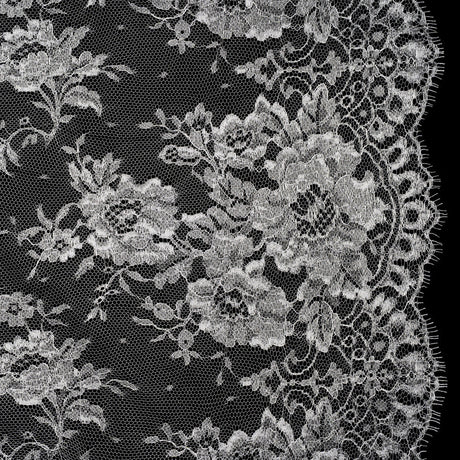 French Metallic Chantilly Lace with Finished Scalloped Edges by Solstiss - Metallic Silver and Greige Flowers
