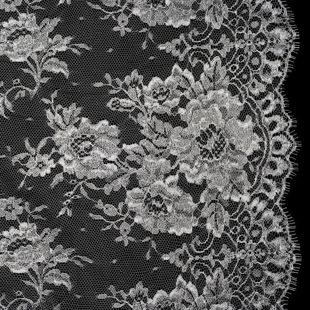 French Metallic Chantilly Lace with Finished Scalloped Edges by Solstiss - Metallic Silver and Greige Flowers
