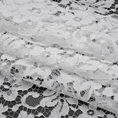 French Corded Polyester and Cotton Lace with Finished Scalloped Edges - White Classic Floral