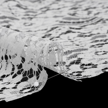 French Corded Polyester and Cotton Lace with Finished Scalloped Edges - White Classic Floral