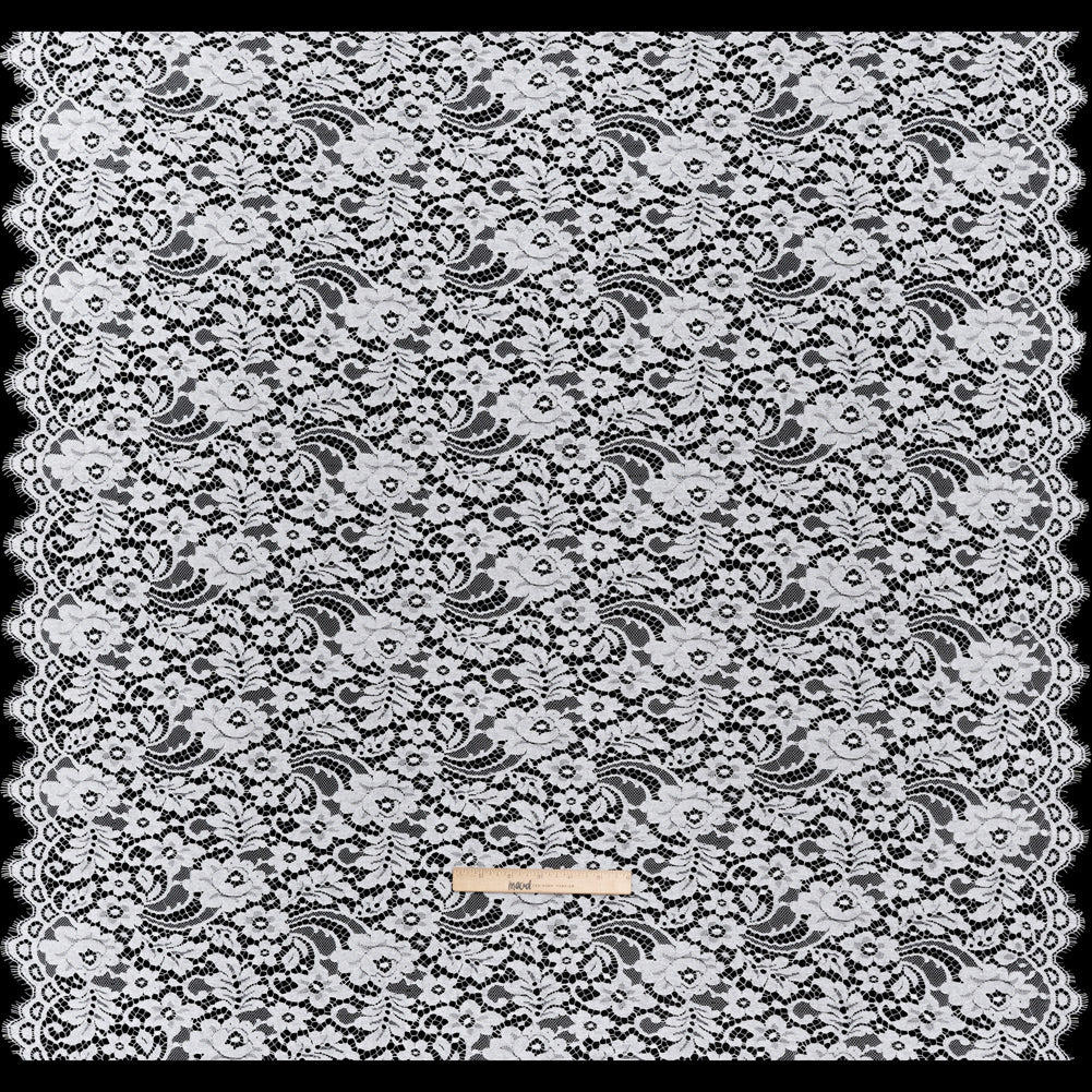 French Corded Polyester and Cotton Lace with Finished Scalloped Edges - White Classic Floral