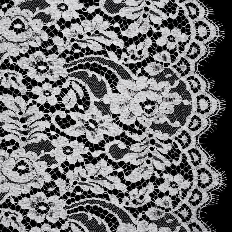 French Corded Polyester and Cotton Lace with Finished Scalloped Edges - White Classic Floral