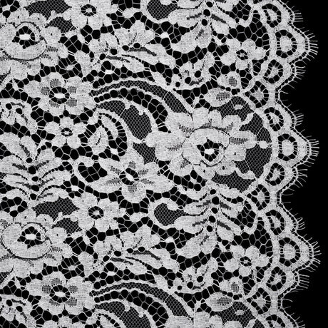 French Corded Polyester and Cotton Lace with Finished Scalloped Edges - White Classic Floral