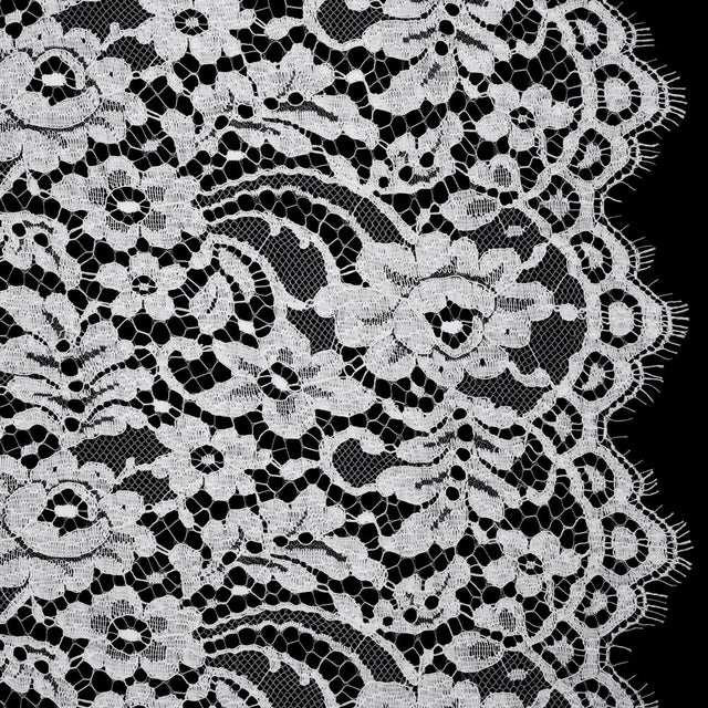 French Corded Polyester and Cotton Lace with Finished Scalloped Edges - White Classic Floral