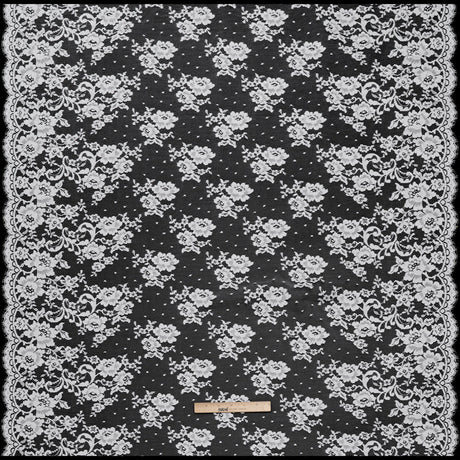 French Cotton Blend Re-Embroidered Lace with Finished Scalloped Edges - White Classic Floral
