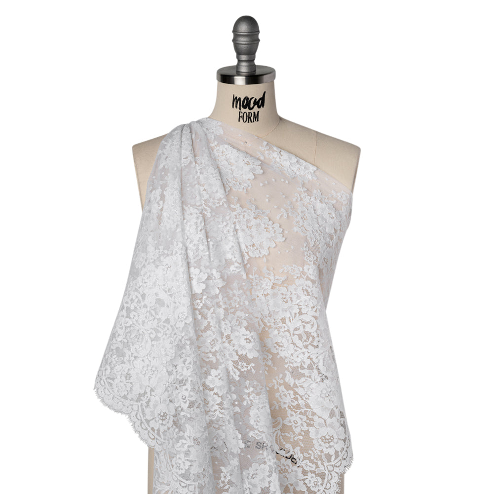 French Cotton Blend Re-Embroidered Lace with Finished Scalloped Edges - White Classic Floral