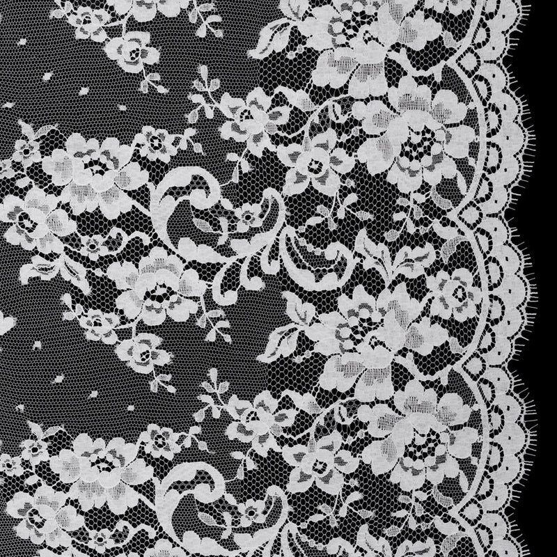 French Cotton Blend Re-Embroidered Lace with Finished Scalloped Edges - White Classic Floral
