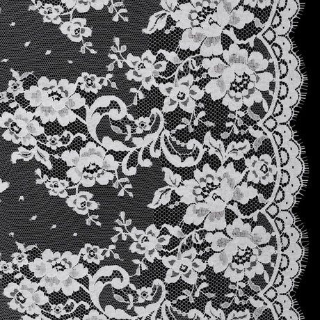 French Cotton Blend Re-Embroidered Lace with Finished Scalloped Edges - White Classic Floral