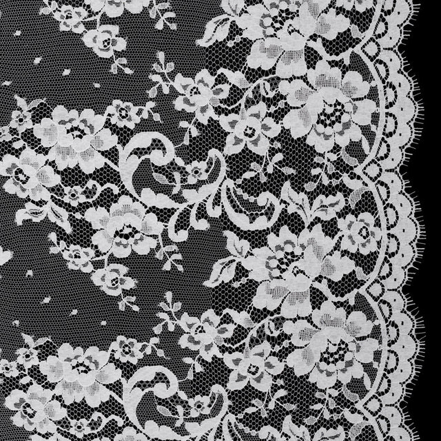 French Cotton Blend Re-Embroidered Lace with Finished Scalloped Edges - White Classic Floral