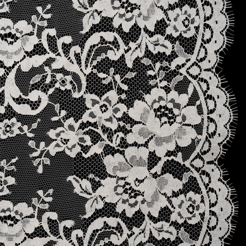French Cotton Blend Leavers Lace with Finished Scalloped Edges - Greige Classic Floral