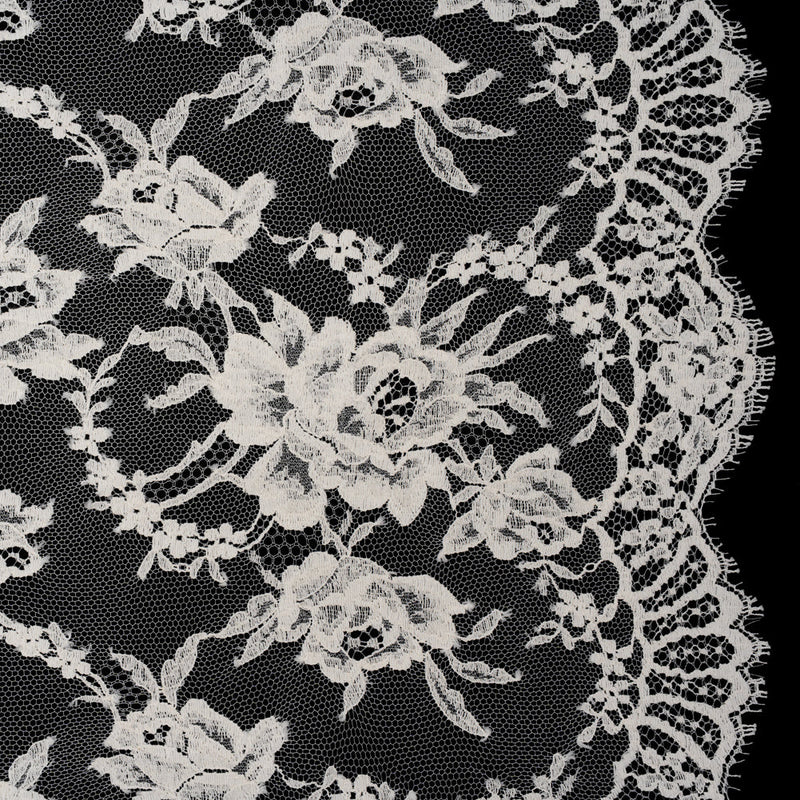 French Cotton Blend Leavers Lace with Finished Scalloped Edges by Solstiss - Greige Sweet Roses