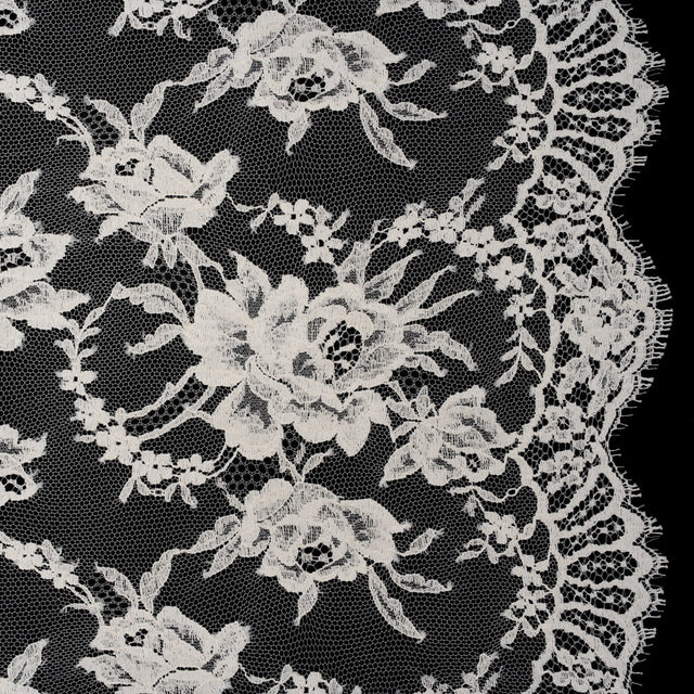 French Cotton Blend Leavers Lace with Finished Scalloped Edges by Solstiss - Greige Sweet Roses