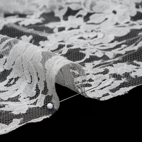 French Cotton Blend Leavers Lace with Finished Scalloped Edges by Solstiss - White Dancing Flowers