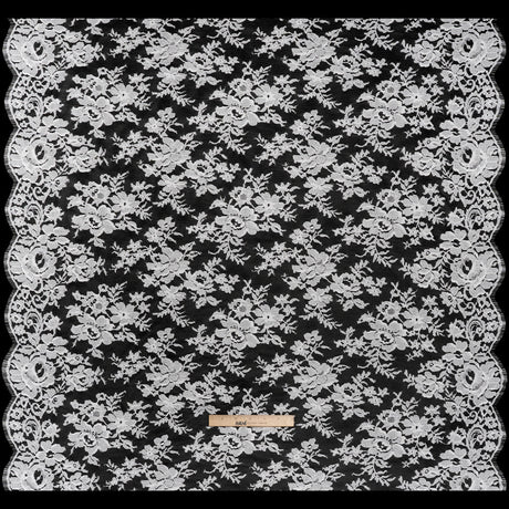 French Cotton Blend Leavers Lace with Finished Scalloped Edges by Solstiss - White Dancing Flowers