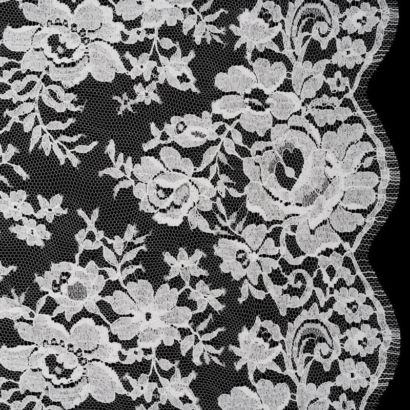 French Cotton Blend Leavers Lace with Finished Scalloped Edges by Solstiss - White Dancing Flowers