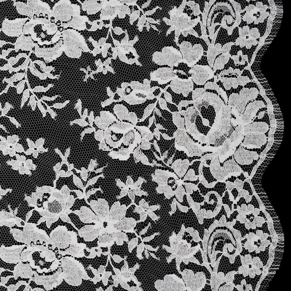French Cotton Blend Leavers Lace with Finished Scalloped Edges by Solstiss - White Dancing Flowers