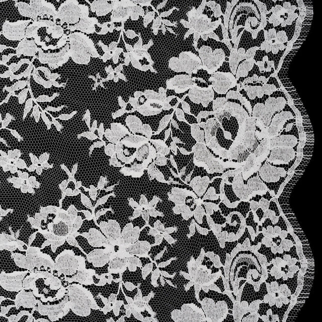 French Cotton Blend Leavers Lace with Finished Scalloped Edges by Solstiss - White Dancing Flowers