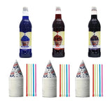 Snow Cone Kit - Bundle of Syrup Bottles, Spoon Straws, Cups - Snow Cone Supplies for Ice Chips, Sodas, & More