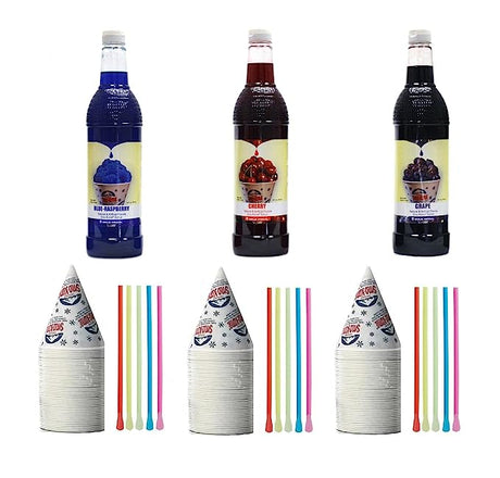 Snow Cone Kit - Bundle of Syrup Bottles, Spoon Straws, Cups - Snow Cone Supplies for Ice Chips, Sodas, & More