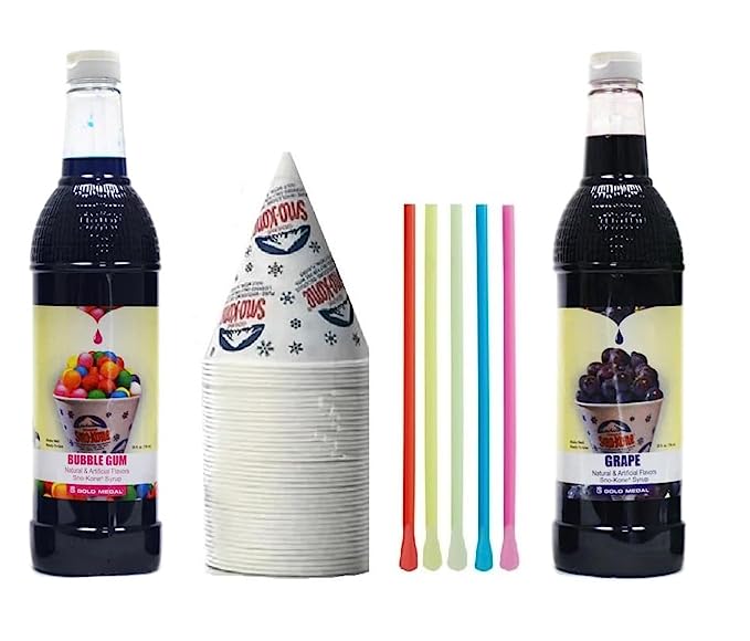Snow Cone Kit - Bundle of Syrup Bottles, Spoon Straws, Cups - Snow Cone Supplies for Ice Chips, Sodas, & More