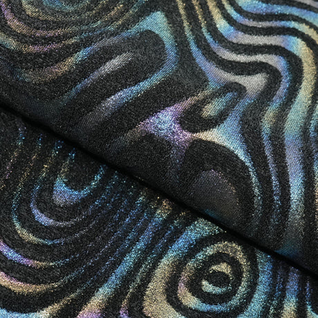 Sonic Swirl Embossed Foiled On Stretch Velvet Fabric - Black/Rainbow, Grape/Orange, Pacific Blue/Kelly, Volcano/Royal, 56" Width (1 Yard)