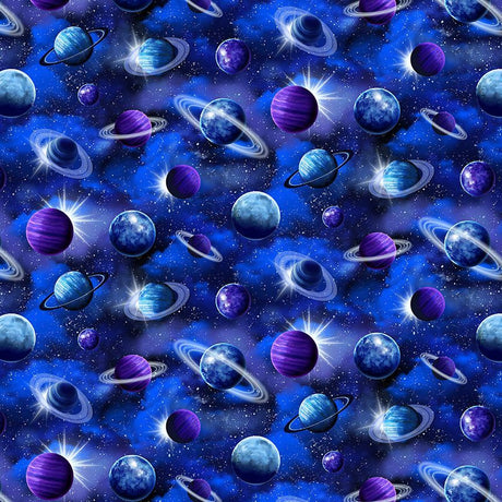 Cotton Print Navy Tossed Planets Fabric 44/45"