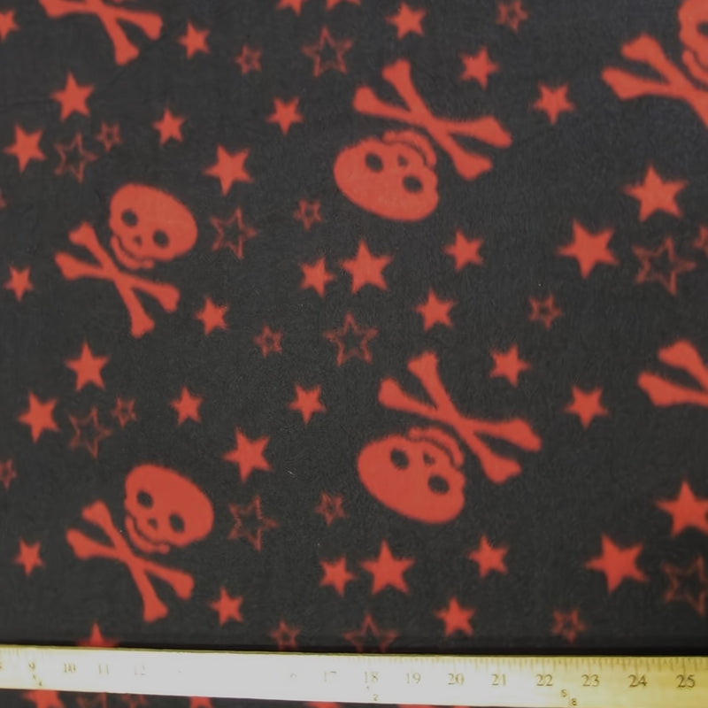 Skull Bones Black and Red Stars Fleece Fabric
