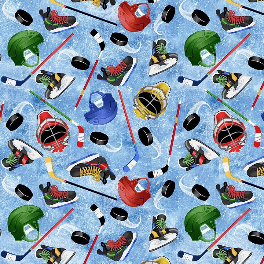 Cotton Fabric Blue Tossed Hockey Equipment Fitness Fanatic 44/45"
